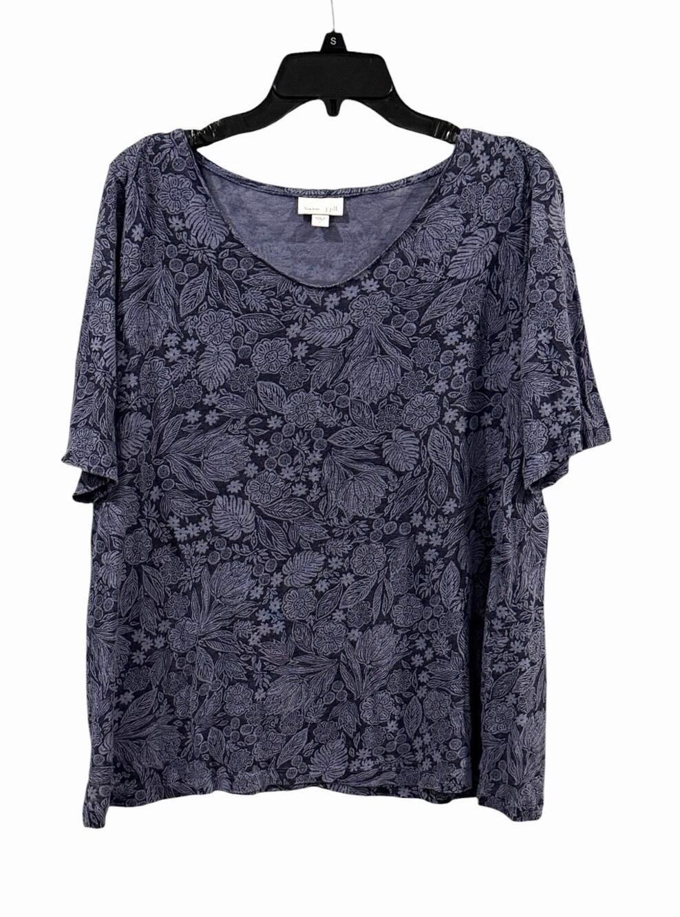J. Jill Love Linen Short Sleeve Blue Top L Monochromatic Floral & Foliage